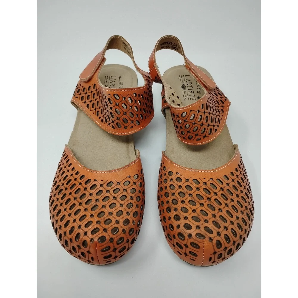 L'Artiste Leather Sandal Size 42 Boho Artisan Wedge Geometric Cutout Slip-On